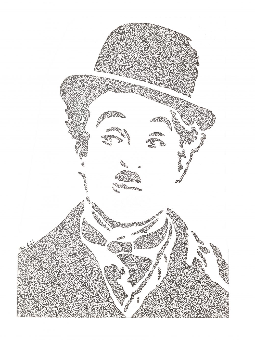 Charlie Chaplin, feutre noir sur canson, 20x30cm, 200 euros